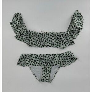 Milly Cabana Palm Print Bikini Set - M - Ruffled Top & Bottom - Green & White
